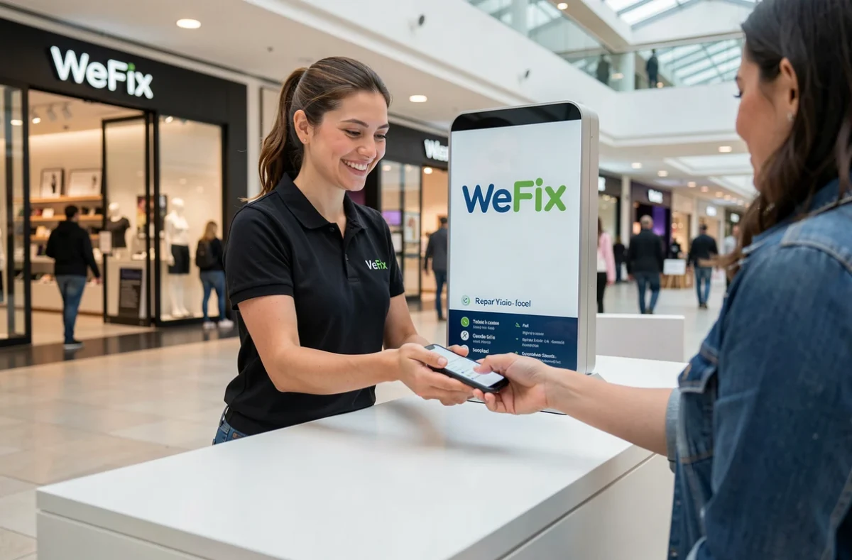 Kiosque WeFix dans le centre commercial Thillois à Reims avec une technicienne remettant un téléphone réparé