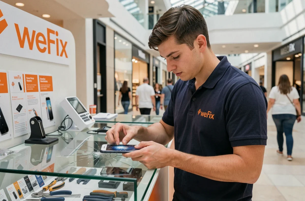 Technicien WeFix réparant un écran de smartphone dans un kiosque de centre commercial